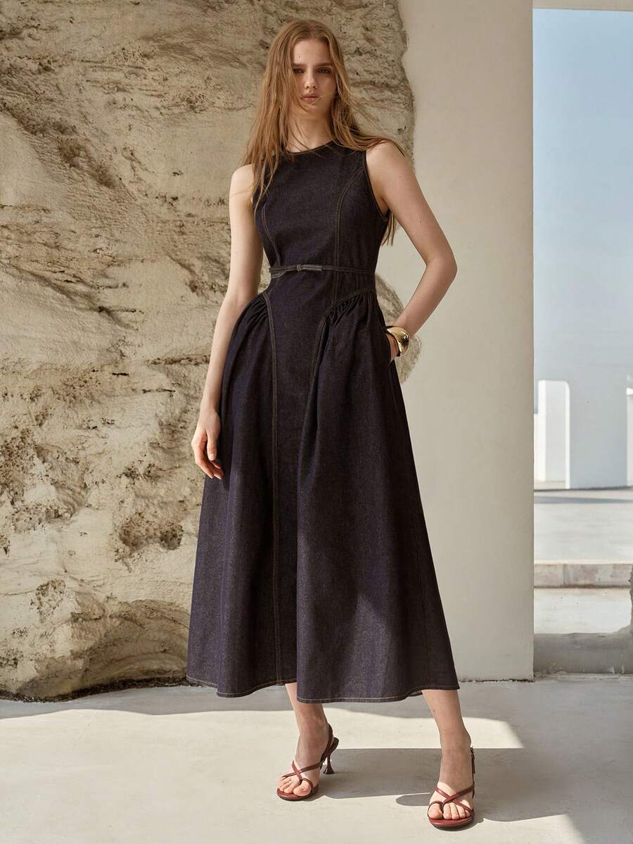 MOTF PREMIUM WOMEN'S SPRING/SUMMER STRUCTURED A-LINE RAW DENIM DRESS - Navy Blue - View 1