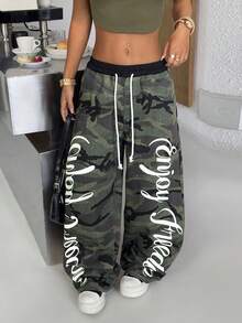 SHEIN PETITE 夏季小码女士休闲阔腿牛仔裤，双腰设计，妈妈款牛仔裤，牛仔牛仔裤，喇叭裤，低腰宽松牛仔裤，保暖衣物，冬季女裤，感恩节穿搭，小码宽松牛仔裤 - 軍綠色 - 查看 6