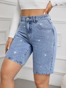 SHEIN Tall 夏季高个女士派对、休闲、假日、度假闪亮水钻设计水钻装饰口袋修身时尚牛仔短裤 - 中等水洗藍 - 查看 4