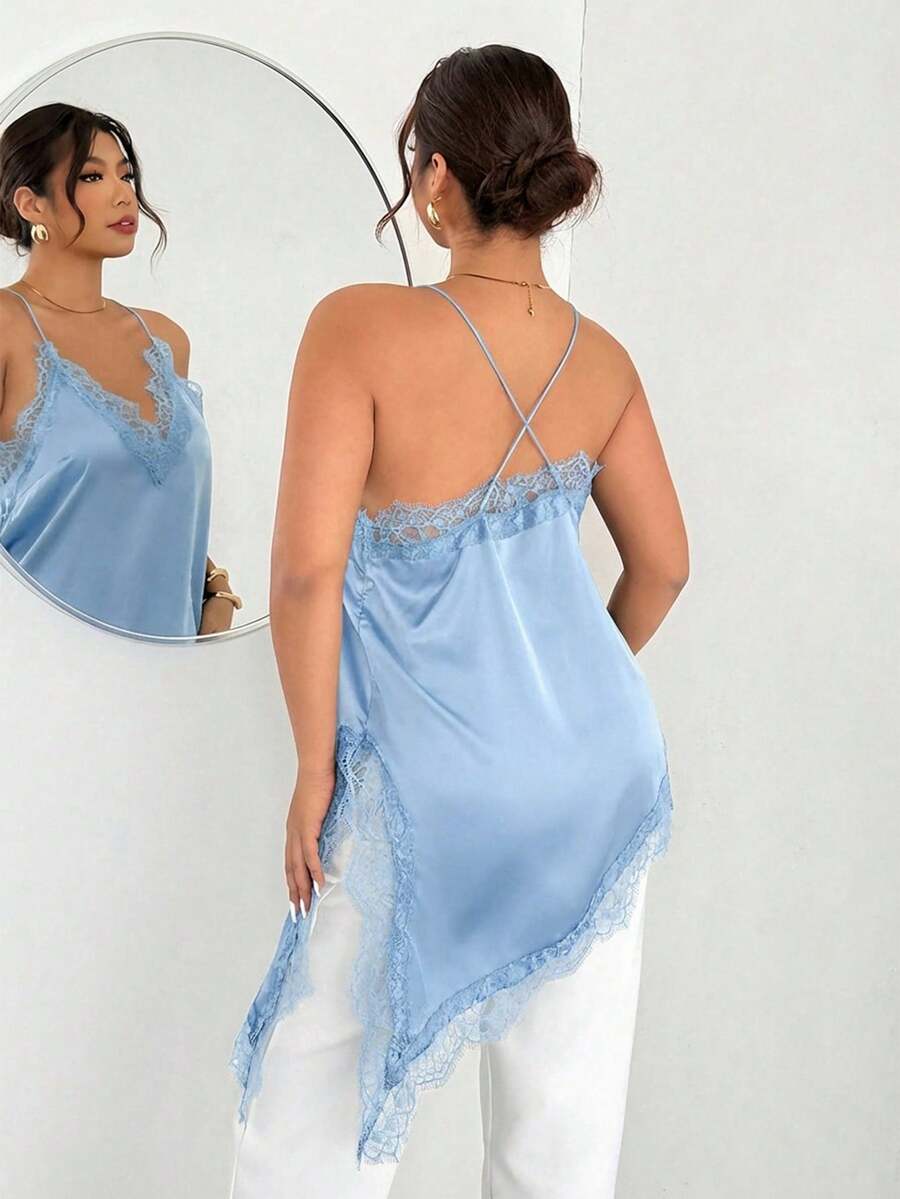 Firerie Plus Size Sexy Solid Color Lace Patchwork Asymmetric Hem Camisole, Summer Tops - Blue - View 1