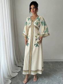 Yasmyna 女士印花V领长袖休闲连衣裙 - 綠色 - 查看 5