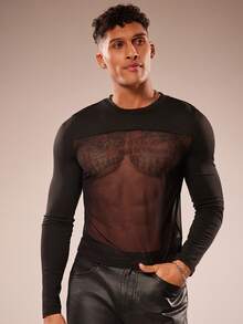 FeverCity Men's Sexy Mesh Patchwork Long Sleeve T-Shirt - Black - View 6