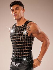 FeverCity Men's Sequin Decor Sheer Crew Neck Tank Top, Suitable For Parties And Gatherings - Black - View 5
