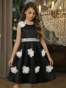 SHEIN Young Girl Black Summer Traditional Wedding Dress,Woven 3D Floral Round Neck Sleeveless Party Dress With White Bow,Tween Formal Princess Flower Girl - Black and White - View 2