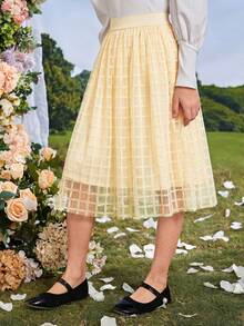 SHEIN Tween Girl Elegant Vacation High Waist Plaid Mesh Skirt With Lining - Apricot - View 4