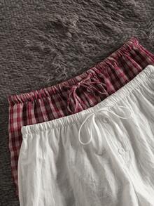 SHEIN EZwear 2件套女士假日格子白亚麻针织休闲短裤套装 - 彩色 - 查看 3