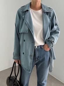 DAZY Women's Lapel Long Sleeve Loose Waist Belt Waist Casual Denim Jacket And Coat - Light Wash - View 2