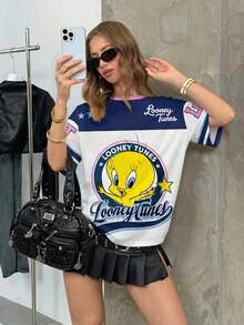 LOONEY TUNES X SHEIN 女士休闲日常撞色卡通图案圆领短袖T恤，夏季 - 白色 - 查看 6