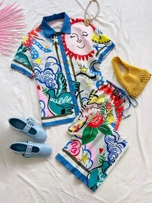 Soleia 女士彩色涂鸦印花抽绳裤，适合海滩、邮轮、城市、度假、约会、下午茶、音乐节、波西米亚风、海滩度假村、海岛度假村、海滩假期、音乐节等场合，四季皆宜，日常通勤也适用。 - 彩色 - 查看 9