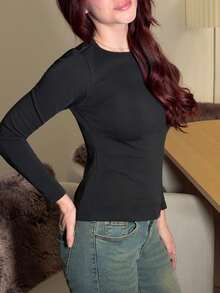 Abrilcols Tricou casual pentru femei, din fleece, culoare uni, toamnă/iarnă, top cu mânecă lungă și căptușeală termică - Negru - Vizualizare 6