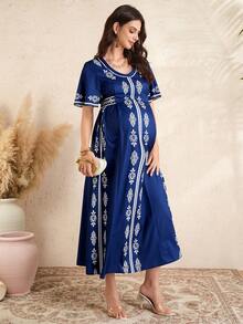 SHEIN Elegant Vintage Print Maternity Dress, Summer - Navy Blue - View 4