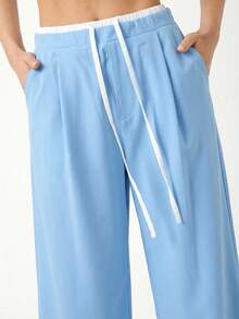SHEIN EZwear 女士撞色抽绳休闲褶皱口袋宽松裤 - 藍色 - 查看 6