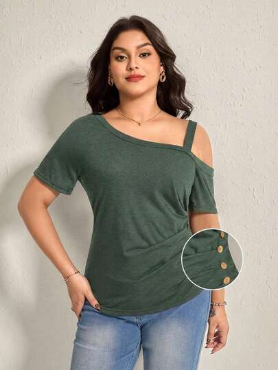 Comfylo Camiseta de verano casual y versátil con hombro asimétrico plisado y unicolor, talla grande