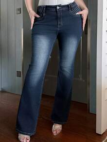 Dazy Plus Stretchy Skinny Sexy Distressed Flare Jeans, Versatile All-Season - Dark Wash - View 7