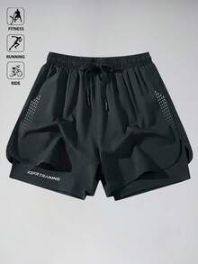 Manfinity Sport Corelite 男士字母印花抽绳腰双层运动短裤 黑色运动短裤 健身短裤 运动短裤 训练短裤 男士速干短裤 - 黑色 - 查看 4