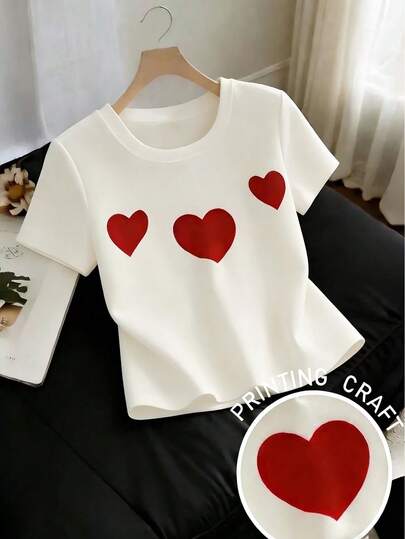 Resyla New Fashion Women Heart Print Round Neck Short Sleeve T-Shirt