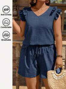 SHEIN LUNE 大码休闲纯色背心短裤两件套 - 藏蓝色 - 查看 2