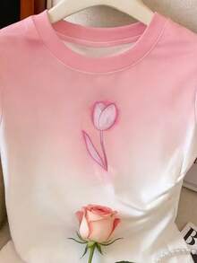 Resyla 女士渐变玫瑰圆领短袖休闲百搭T恤，夏季 - 彩色 - 查看 3