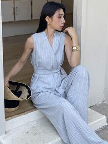 DAZY Women's Casual V-Neck Belted Vest And Wide Leg Pants 2 Pieces Set, Spring/Summer - Green - View 9