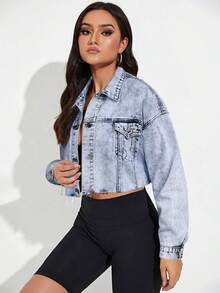 Breezaya Jaket Denim Kasual Wanita dengan Kancing Depan dan Saku Lipat, Musim Panas - Light Wash - View 5