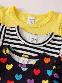 SHEIN Playful Pals Gentle Purple Stripe, 3D Bow Pattern, Young Girl Casual Simple Versatile Round Neck Cap Sleeve T-Shirt 1pc Suitable For Spring/Summer Daily Wear, - Multicolor - View 6