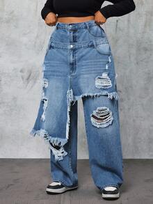 Slaydiva Plus Size Women Distressed Waistband Wide Leg Loose Fit Jeans - Blue - View 3