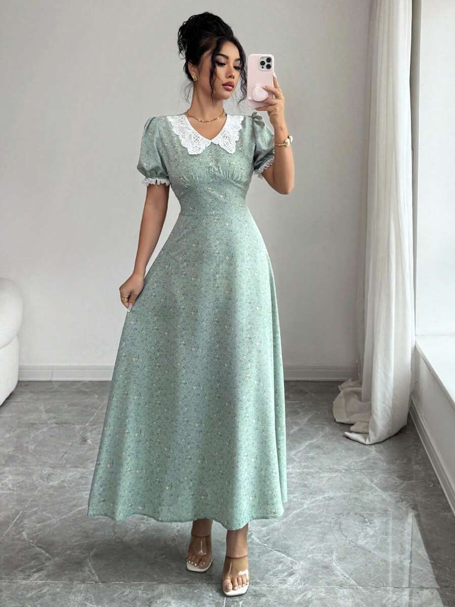 Modelyn French Ditsy Floral Puff Sleeve Waist Cinched Slim Fit Dress - Green - View 1