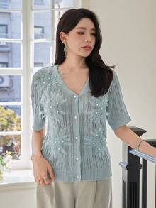 DAZY Women's Elegant 3D Flower & Pearl V-Neck Short Sleeve Cardigan, Summer - Blue - View 6