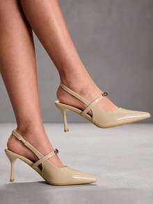 CUCCOO SZL Women's Strap Open Back High Heel Glossy Sandals - Apricot - View 8