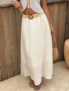Sunnyshic Women's Apricot A-Line Elastic Waist Belt Skirt, Casual Beach Holiday Fashion All-Match Versatile Boho Style, Spring/Summer - Apricot - View 8