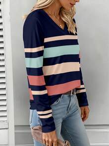 EMERY ROSE Women's V-Neck Long Sleeve T-Shirt, Mature Striped Print Top, Classic Pattern Design, Versatile, Suitable For Daily Wear And Outdoor, Autumn - Multicolor - View 3