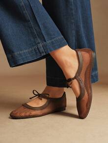 Rosivie 女士蝴蝶结设计休闲百搭时尚平底鞋 - 咖啡棕 - 查看 4