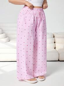 Solflare Quần ống rộng kẻ sọc toàn thân dáng casual dễ thương, có dây rút, cỡ lớn - Nhiều màu - Xem 7