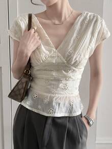 DAZY Women's V-Neck Lace Fabric Waist Cinched Short Casual Elegant Blouse, Summer - Beige - View 5