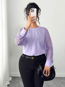 Elenzga Plus Size Women Casual Round Neck Lace Patchwork Long Sleeve Solid Color T-Shirt - Purple - View 5