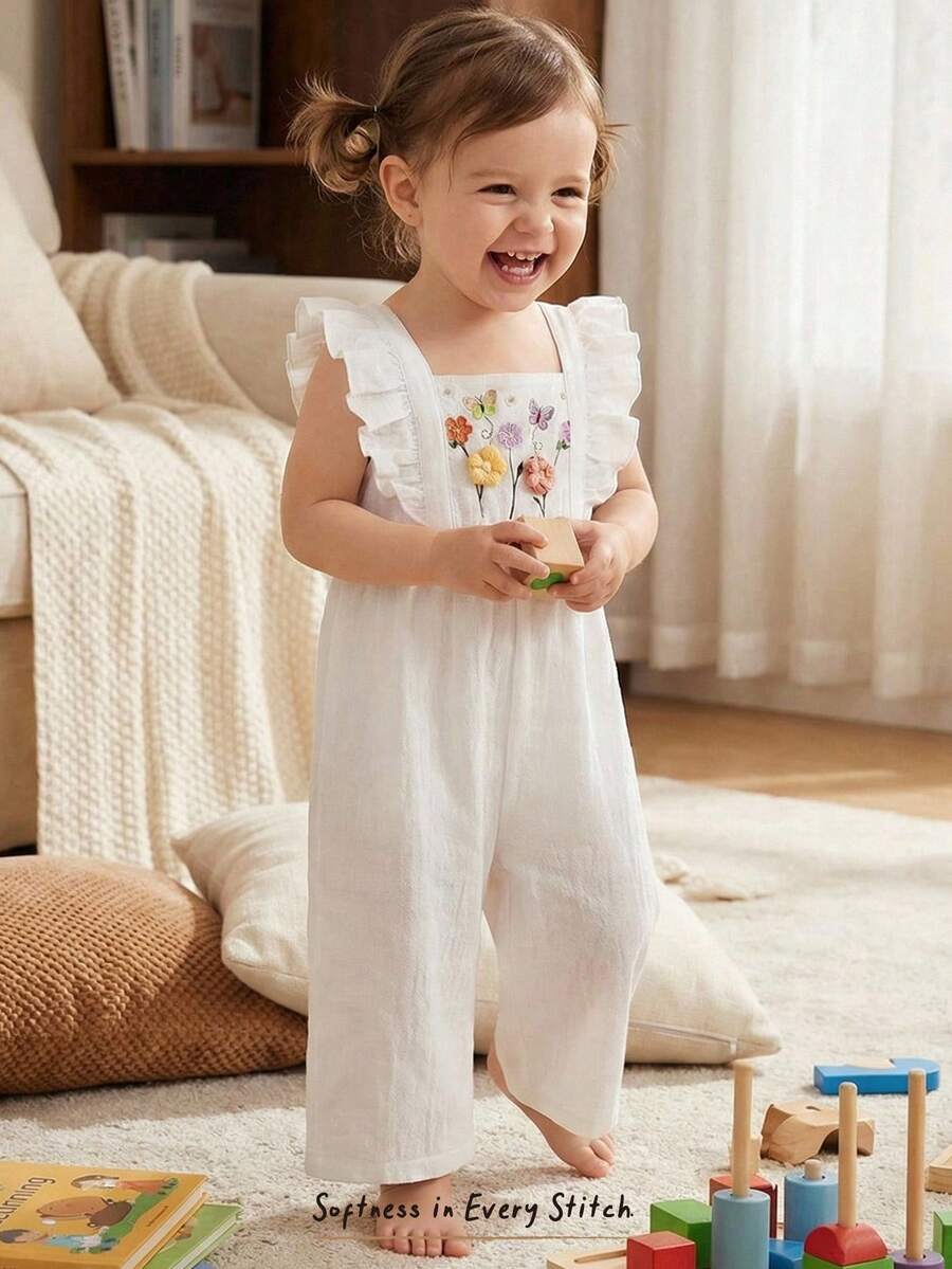 Cozy Pixies 女婴/幼儿碎花荷叶领无袖连体衣,休闲可爱乡村风时尚连体裤,适合日常、户外活动、假日、派对等场合穿着。 - 米色 - 查看 1