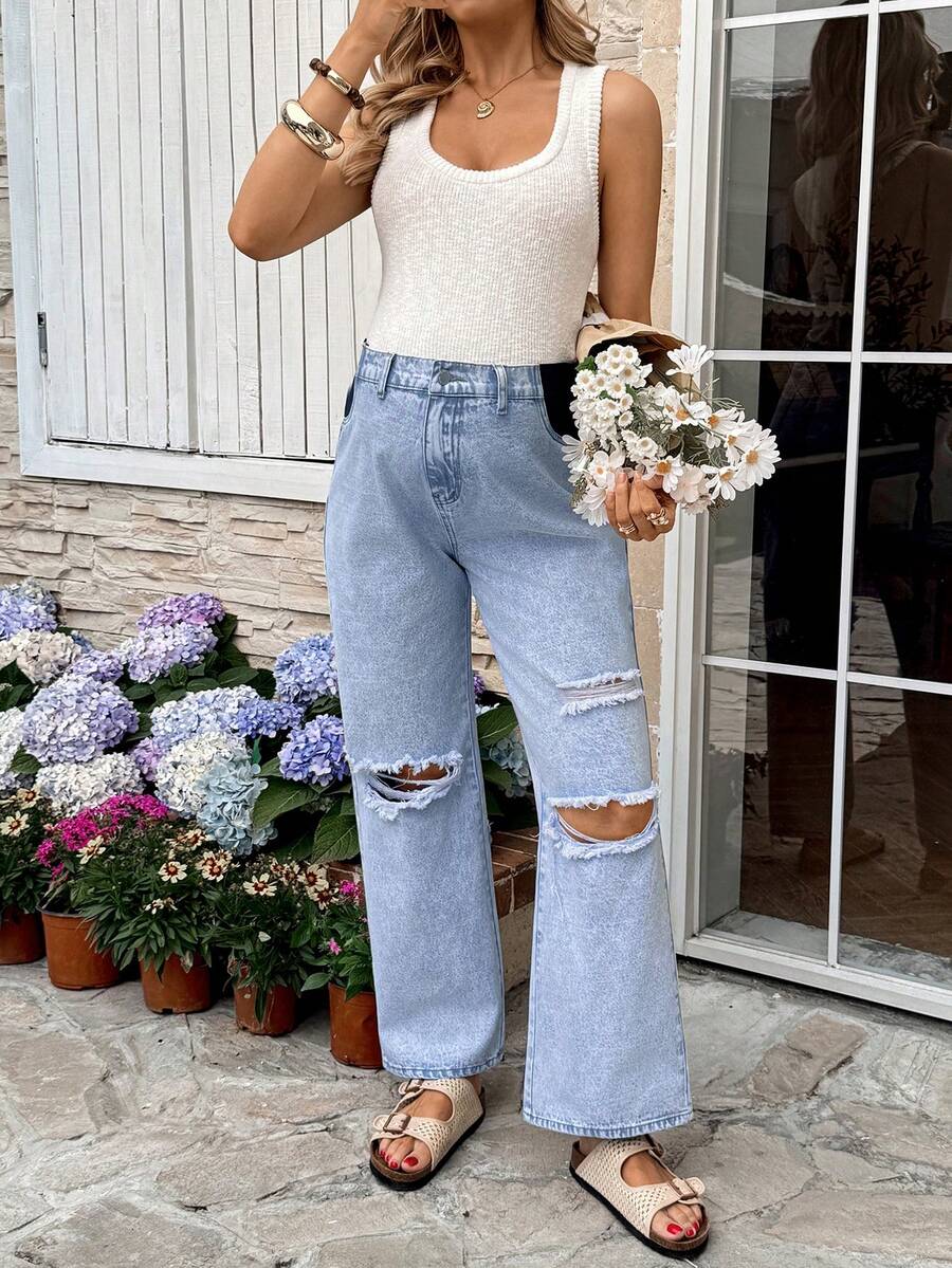 SHEIN 孕妇休闲宽松阔腿蓝色牛仔裤，适合感恩节、春夏、嘉年华、通勤、度假、毕业典礼等场合，时尚百变，可爱街头风，适合派对、婚礼、商务休闲等场合。高腰破洞牛仔裤，浅色水洗阔腿牛仔裤，蓝色做旧孕妇牛仔裤，高腰托腹牛仔裤，春假、复活节牛仔裤，简约休闲牛仔裤，可爱破洞牛仔裤，妇女节时尚妈妈复活节牛仔造型 - 藍色 - 查看 1