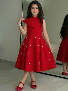 SHEIN 女童优雅串珠荷叶边立领腰部喇叭裙摆公主裙，红色，适合婚礼、庆典、派对和日常穿着 - 紅色 - 查看 3