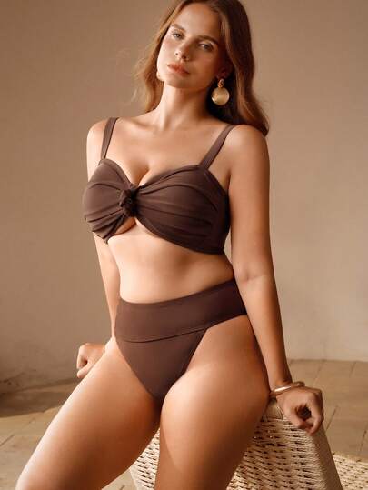 Swim Chiccia 2026 New Plus Size Coffee Solid Color Bikini Set, Decorated Spaghetti Strap Adjustable Strap, High Waist Tummy Control, Minimalist Vintage Chic Beach Swimwear