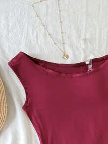 SHEIN Tween Girl Spring/Summer Casual Commuter Fitted Off Shoulder Ruched High-Stretch Knit T-Shirt And Matching Woven Slim Straight Leg Pants Set, Burgundy - Burgundy - View 7