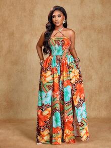 Brilight Women's Elegant Party Wear, Sexy, Casual, Vacation, Beach, Music Festival, Thanksgiving, Easter, Sunbathing, Stretchy Ruched Criss-Cross Halter Neck Jumpsuit, Loose Fit With Side Slits, Irregular Pattern Print, Sleeveless Long Jumpsuit. - Multicolor - View 6