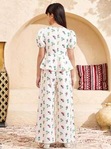 Tween Girl Floral Print Sleeveless Top And Straight Leg Pants Set, Elegant - Beige - View 2