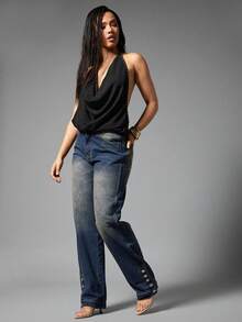 Denimoi Slouchy Fit Straight Leg Denim Jeans With Button Detail On Ankle Straight Leg Jeans Streetwear - Medium Wash - View 4