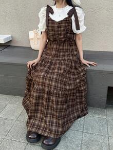 FRIFUL Women's Plaid Minimalist Casual Long Dress Summer - Brown - View 7