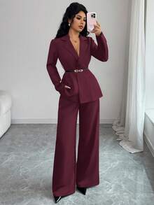 SHEIN Raffinéa 女士纯色西装套装，时尚通勤女装套装，女士两件套，正式女装套装，商务女装两件套，女士服装套装，商务休闲女装两件套，女士两件套套装，正式舞会女装套装，女士套装，商务女装裤装 - 玫紅色 - 查看 5