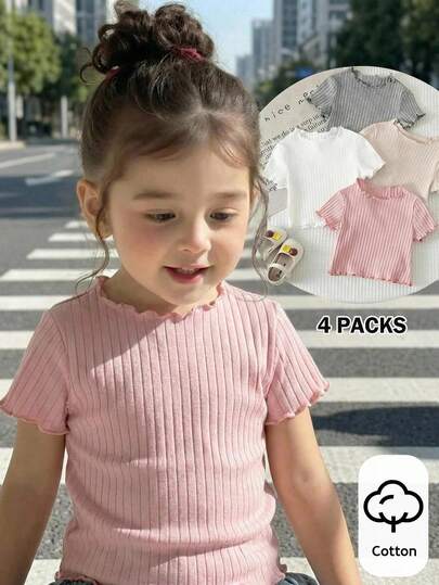 SHEIN 4件套女婴夏季可爱罗纹纯色荷叶边短袖上衣，夏季，夏季上衣，复活节