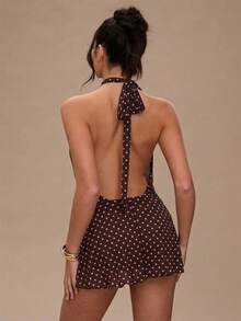 SHEIN BAE 女士波点印花扭结露背性感无袖连衣裙 - 巧克力棕 - 查看 2