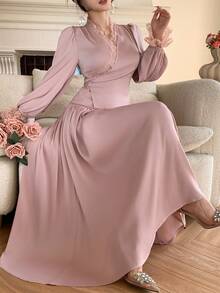 DAZY Women's V-Neck Lace Patchwork Wrap Long Sleeve Top And Long Skirt Elegant 2-Piece Set - Pink - View 1