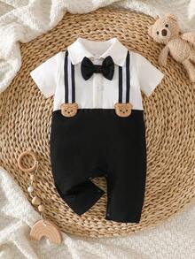 SHEIN Bộ romper ngắn tay cho bé trai sơ sinh, trang phục mùa hè phối màu đen trắng dễ thương với trang trí gấu 3D & nơ, bộ đồ trang trọng cho lễ rửa tội và lễ rửa tội - Đen và trắng - Xem 5
