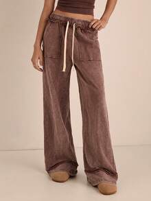 Easelle Dark Brown Solid Color Drawstring Waist Loose Casual Pants, Washed Long Pants With Snowflake Pattern - Brown - View 1